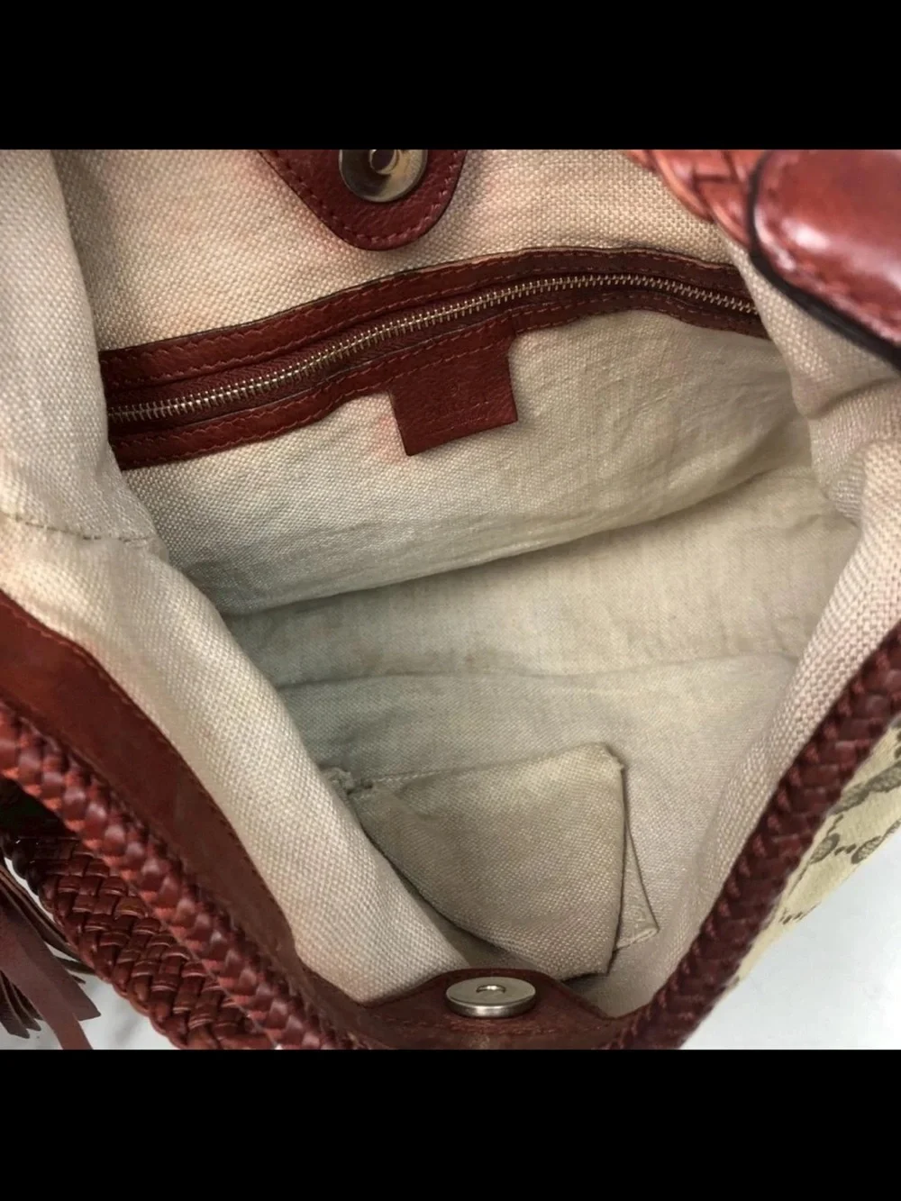 Gucci Beige Monogram Shoulder Bag with Brown Trim